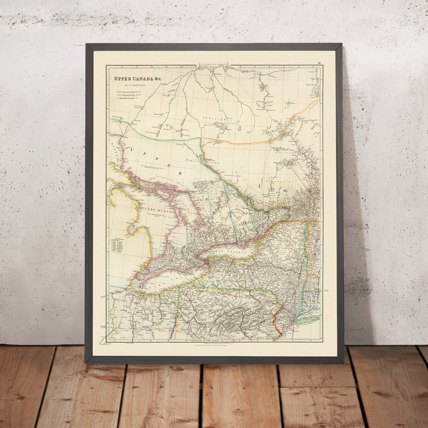 Old Map of Upper Canada (Ontario) & Great Lakes by Arrowsmith, 1844: Toronto, Niagara, Buffalo