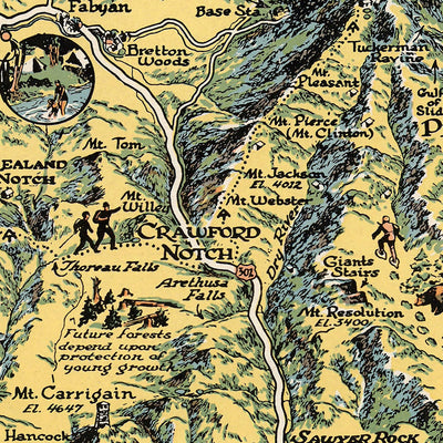 Old Pictorial Map of White Mountain National Forest, 1930: Cannon Mt., Appalachian Trail, Franconia Notch, Mt. Washington, Conway
