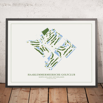 A framed image of Haarlemmermeersche Golfclub in the style of a simple and modern golf course map