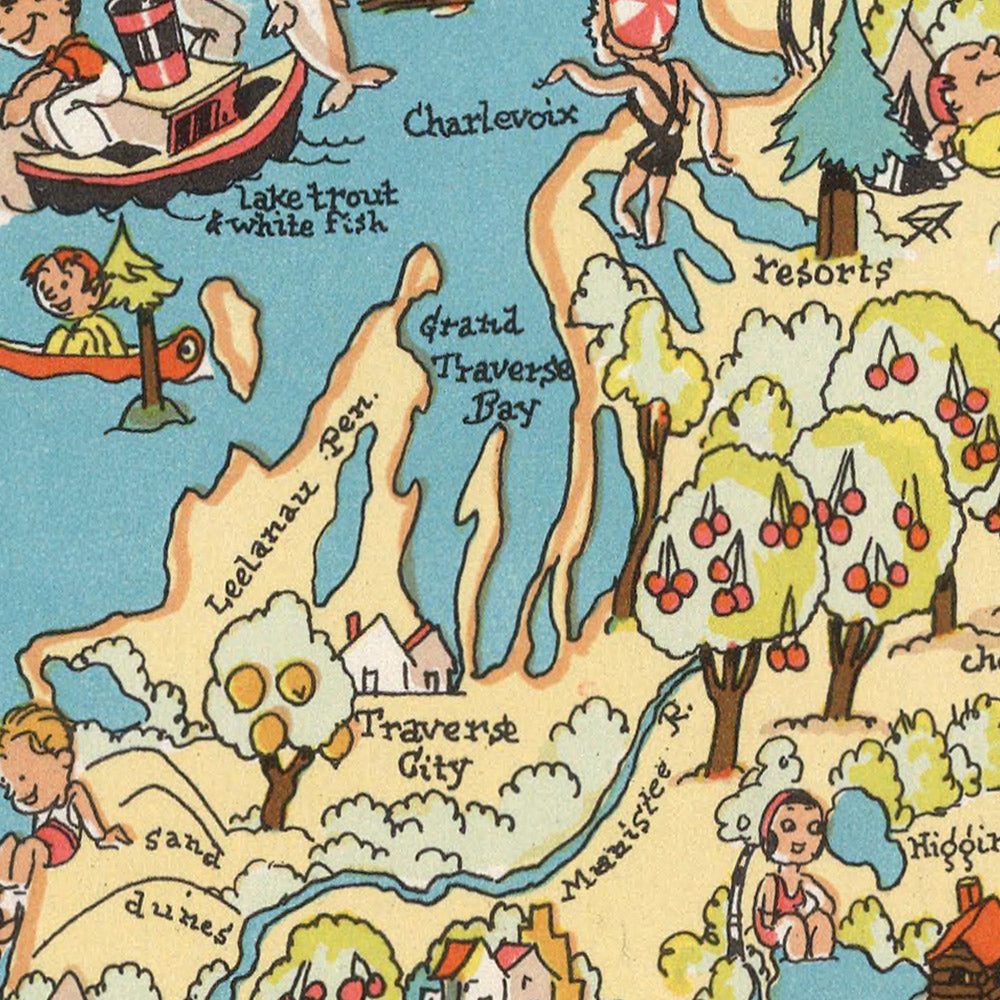 Pictorial Map of Michigan by Ruth Taylor White, 1935: Detroit, Great Lakes, Lumber, Autos, Orchards, Recreation