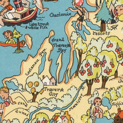 Pictorial Map of Michigan by Ruth Taylor White, 1935: Detroit, Great Lakes, Lumber, Autos, Orchards, Recreation