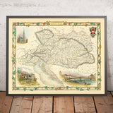 Alte Karte von Österreich von Tallis, 1851: Wien, Alpen, Donau, Salzburg, Prag 