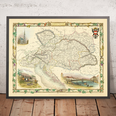 Old Map of Austria by Tallis, 1851: Vienna, Alps, Danube River, Salzburg, Prague