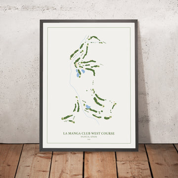 A framed image of La Manga Club West Course in the style of a simple and modern golf course map