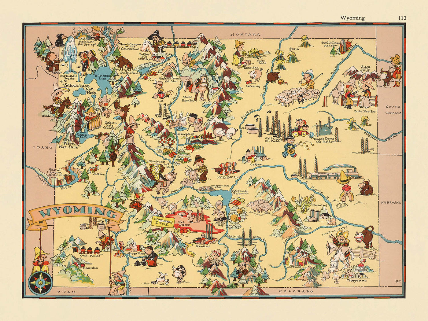 Pictorial Map of Wyoming by Ruth Taylor White, 1935: Yellowstone, Grand Teton, Continental Divide, Wind River Range, Bighorn Mountains