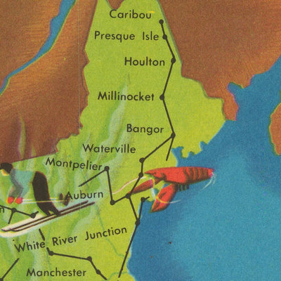 Mapa ilustrado antiguo de Estados Unidos, 1948: Nueva York, Los Ángeles, Chicago, rutas de la TWA, lugares de interés