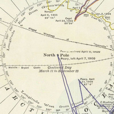 Mapa antiguo de la exploración del Polo Norte, 1910: Ruta de Peary, viajes al Ártico, Groenlandia, Spitzbergen, Siberia