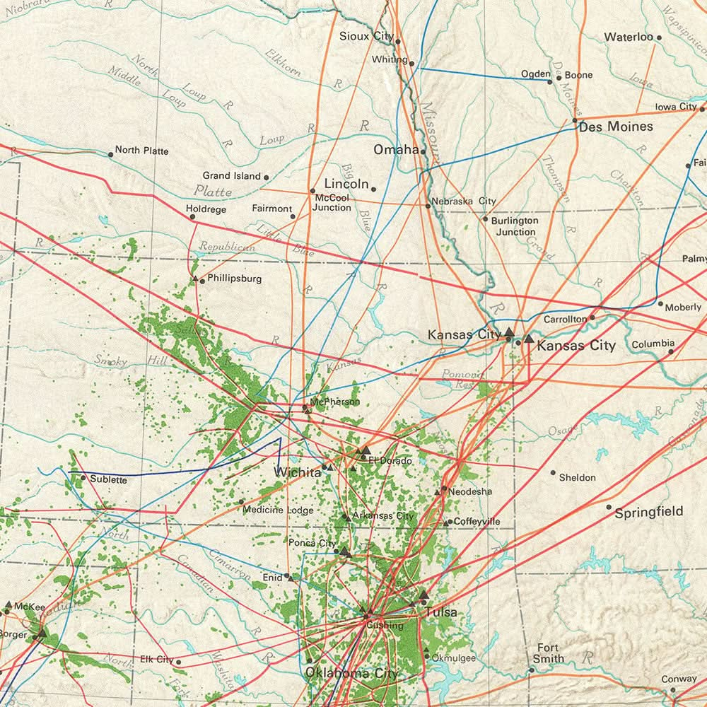 Old Oil Infrastructure Map of the USA, 1966: Pipelines, Refineries, Topography, Oil Flow