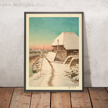 A framed image of Sunset Evening Sky After Snow at Morigasaki by Hasui Kawase 1935