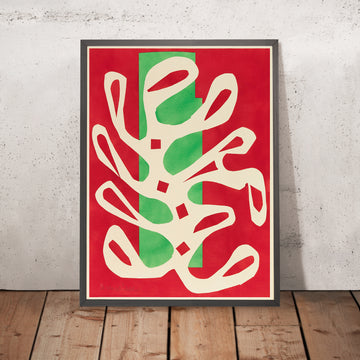 Una imagen enmarcada de Algue blanche sur fond rouge et vert (Algas blancas sobre un fondo rojo y verde) de Henri Matisse, 1947