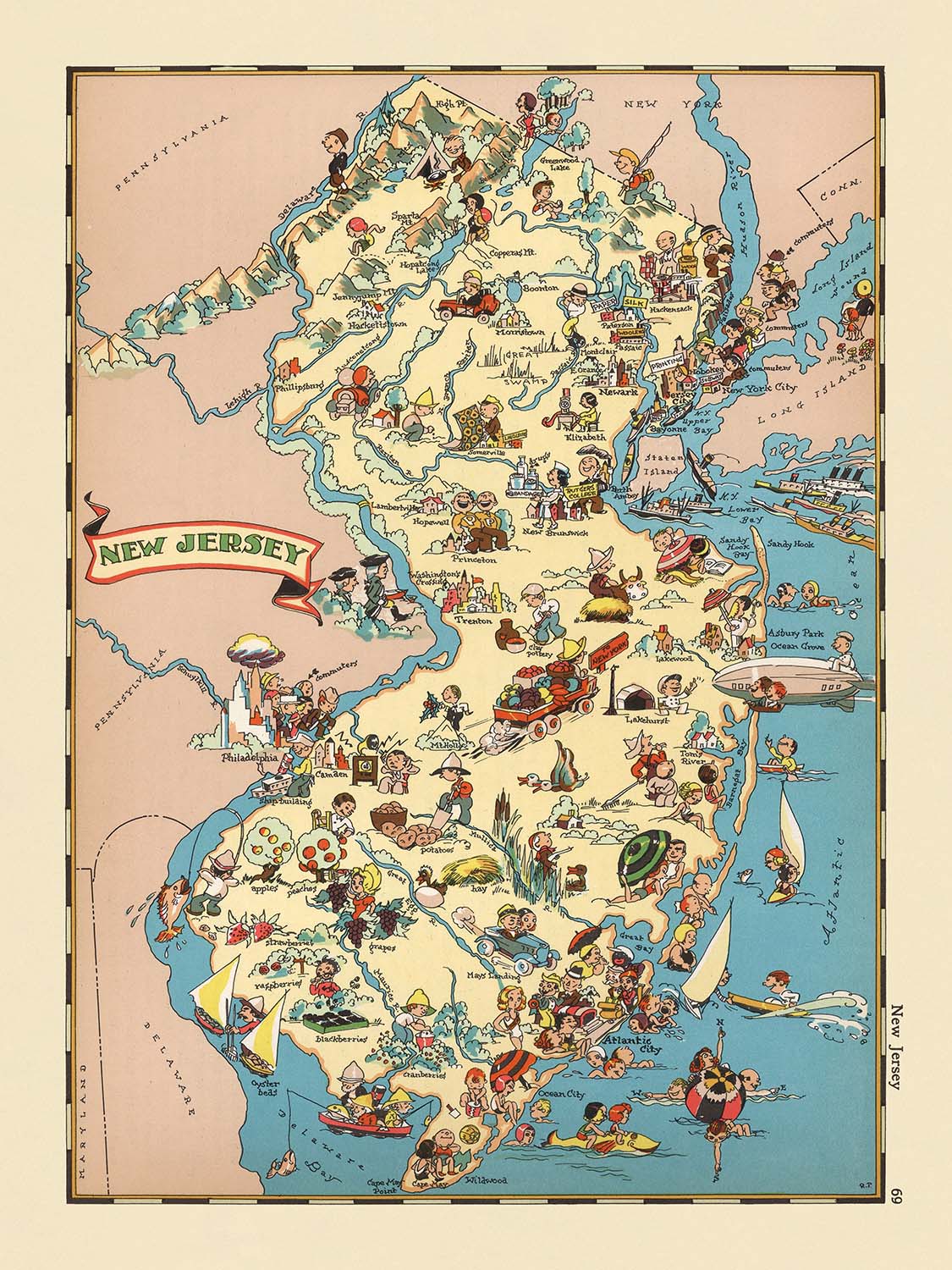Pictorial Map of New Jersey by Ruth Taylor White, 1935: Newark, Jersey Shore, Pine Barrens, Atlantic Ocean, Delaware River