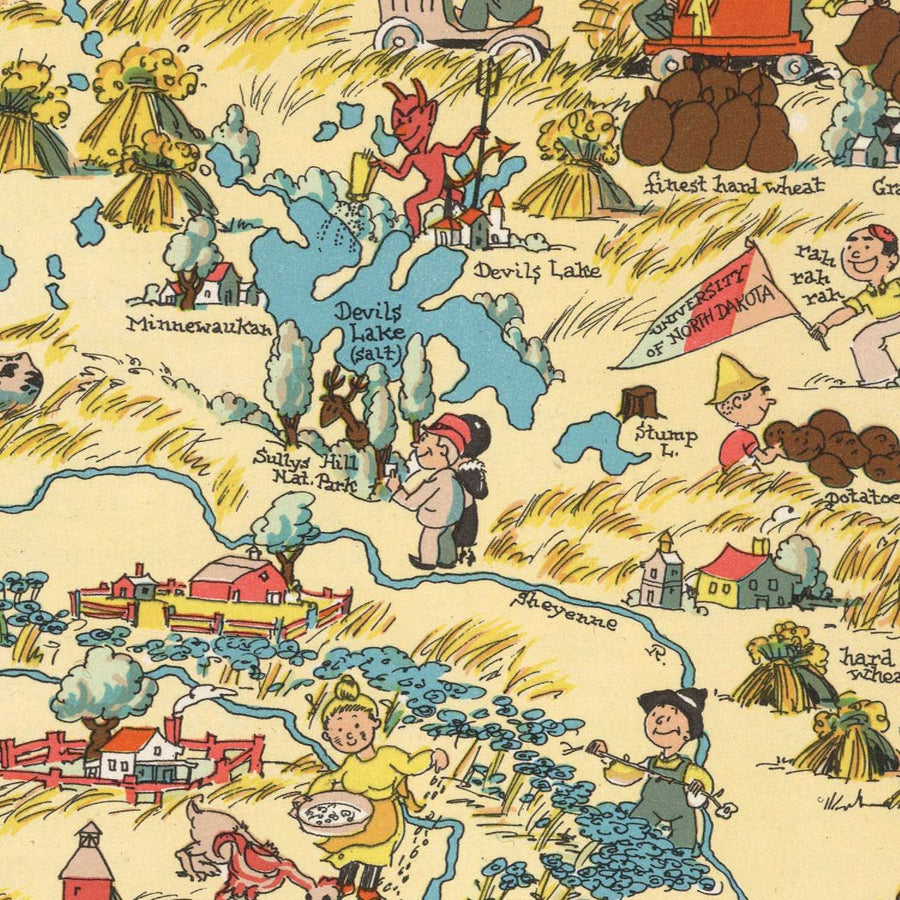 Mappa Pittorica del Dakota del Nord di Ruth Taylor White, 1935: Fargo, Bismarck, Fiume Missouri, Campi di Grano, Bisonte 
