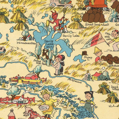 Pictorial Map of North Dakota by Ruth Taylor White, 1935: Fargo, Bismarck, Missouri River, Wheat Fields, Bison