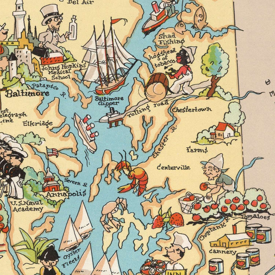 Mappa Pittorica del Maryland di Ruth Taylor White, 1935: Baltimora, Annapolis, Baia di Chesapeake, Fiume Potomac, Monti Appalachi 