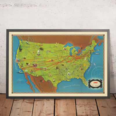 Mapa ilustrado antiguo de Estados Unidos, 1948: Nueva York, Los Ángeles, Chicago, rutas de la TWA, lugares de interés