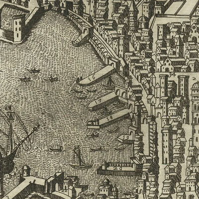 Alte Bildkarte von Genua von Duchetti, 1584: Hafen, Laterna, Aquädukte, Schiffe, Wappen