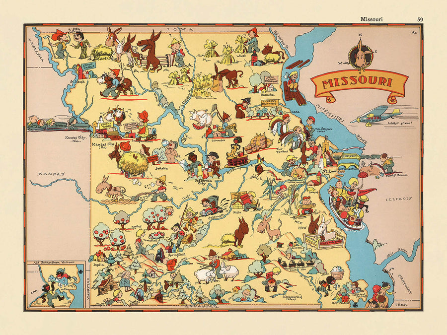 Mappa Pittorica del Missouri di Ruth Taylor White, 1935: St. Louis, Kansas City, Ozarks, fiumi Mississippi e Missouri, Jefferson City 