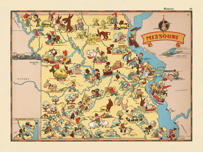Pictorial Map of Missouri by Ruth Taylor White, 1935: St. Louis, Kansas City, Ozarks, Mississippi & Missouri Rivers, Jefferson City