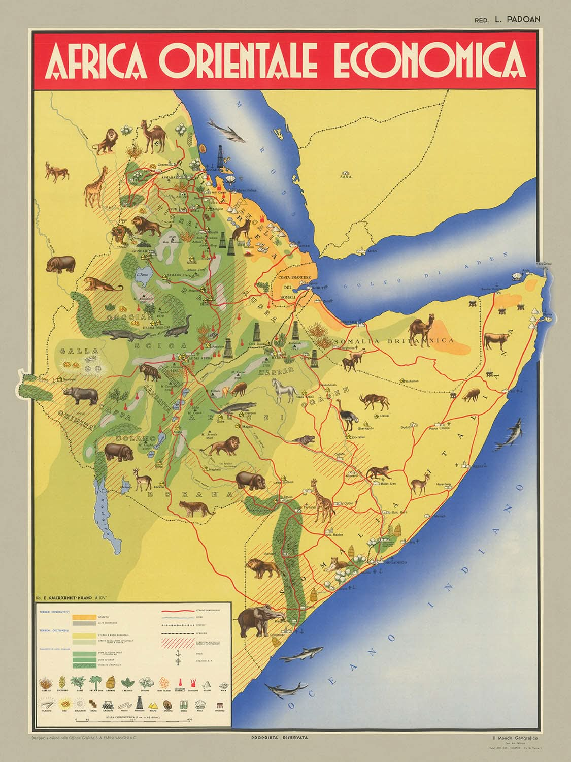 Antiguo mapa ilustrado de Etiopía y Somalia de Kalchschmidt, 1936: Adís Abeba, Mogadiscio, Golfo de Adén, Océano Índico, ilustraciones de vida silvestre.