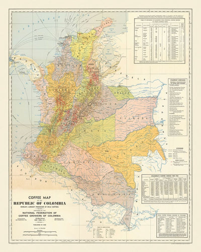 Ancienne carte de la Colombie, 1939 : régions caféières, Andes, Bogotá, Medellín, voies ferrées