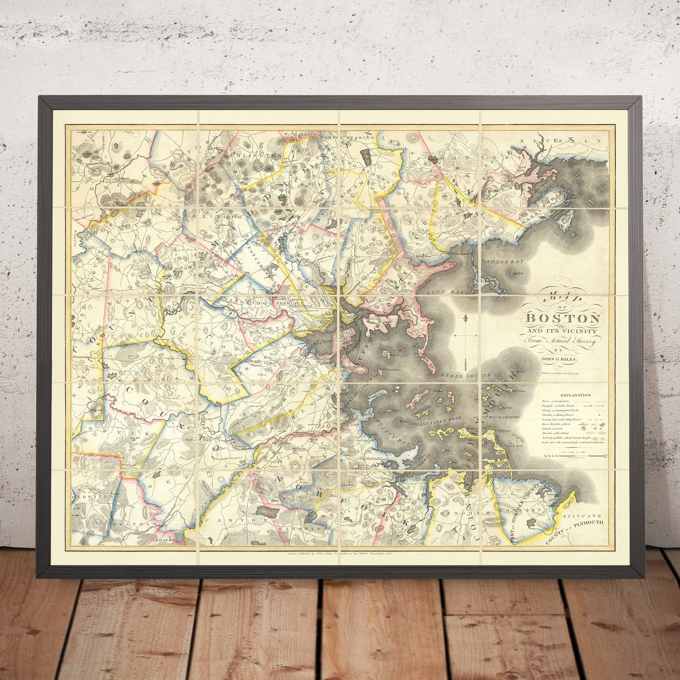 First Large Old Map of Greater Boston by Hales, 1819: Cambridge, Salem, Harvard, Boston Sound