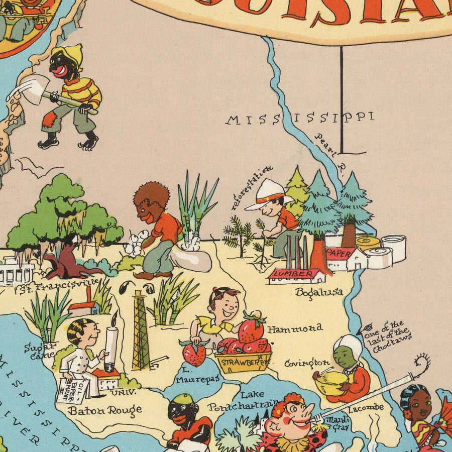 Mappa Pittorica della Louisiana di Ruth Taylor White, 1935: New Orleans, Baton Rouge, Jazz, Bayou, Mardi Gras 