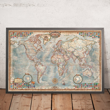 Mappa del Mondo Esecutiva di Ray&Co, 2025: Rilievo Oceano 3D, Estetica Vintage, Ogni Bandiera 