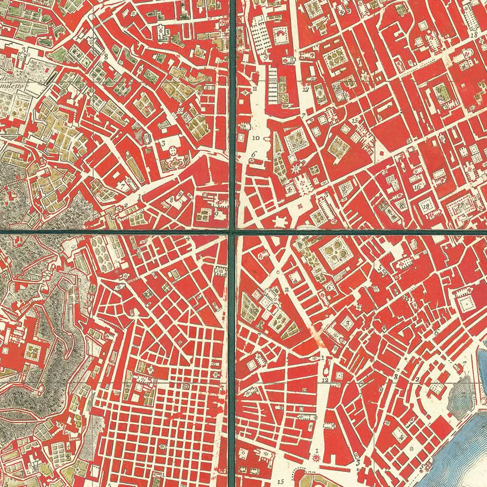 Ancienne carte de Naples par Rizzi-Zannoni, 1794 : Borgo Santa Lucia, Chiaia, Tolède, Porta Capuana, San Carlo