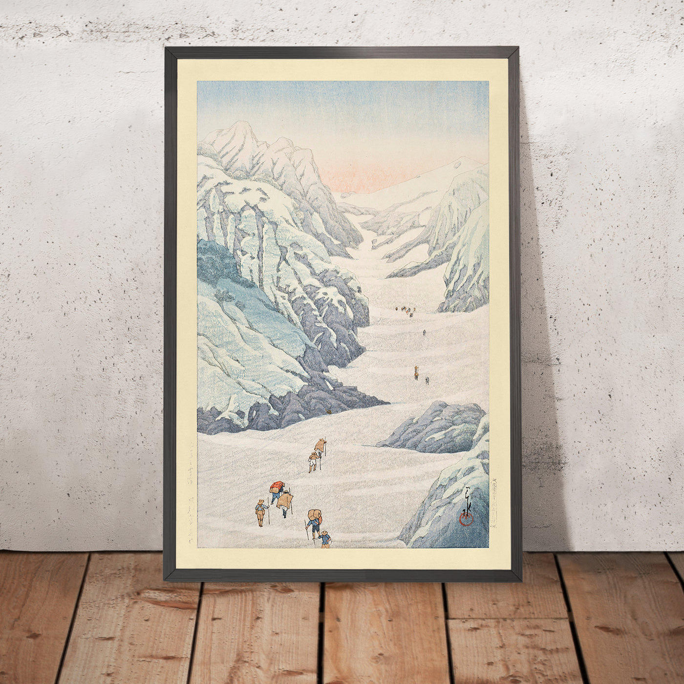 A framed image of Snow Valley Climbers on Mt. Shirouma by Hasui Kawase, 1935