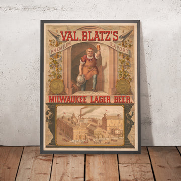 A framed image of Val. Blatz’s Premium Export Vintage Lager Beer Poster, 1879