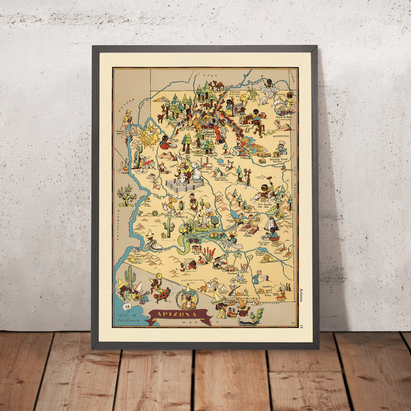 Pictorial Map of Arizona by Ruth Taylor White, 1935: Grand Canyon, Phoenix, Tucson, Painted Desert, Petrified Forest