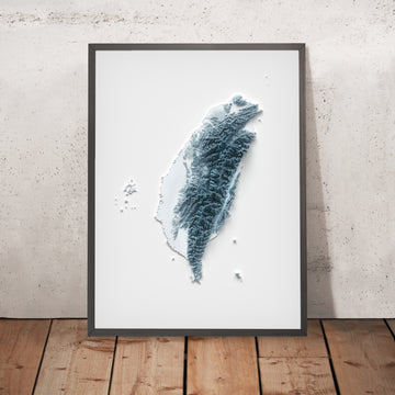 Ein gerahmtes Bild einer topografischen Reliefkarte im 3D-Stil von Taiwan
