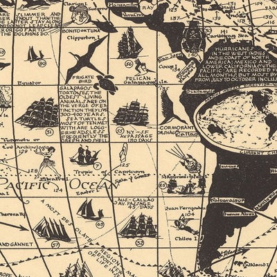 Mapa ilustrado antiguo de la historia de la navegación, realizado por Turpin en 1935: Siberia, Alaska, Europa, barcos famosos, monstruos marinos