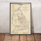 Antiguo mapa ferroviario de Gran Bretaña de Tallis, 1850: Londres, Liverpool, Mánchester, rutas de vapor, bordes ornamentados 