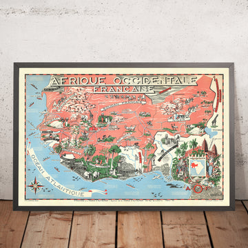 Old Map of French West Africa, 1951: AOF Territories; Pictorial Vignettes; Rail, Air and Sea Links