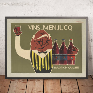 A framed image of Vins Menjucq Vintage Wine Poster by Robert Rey, 1950