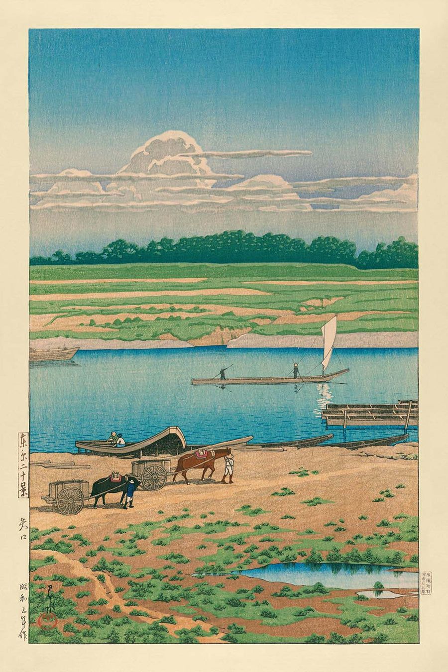 Barca a vela sul fiume e cavalli di Hasui Kawase, 1935 