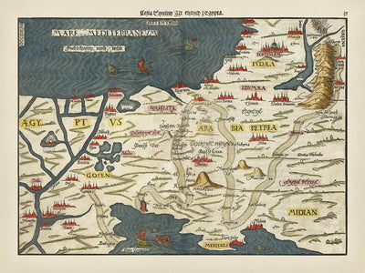 Alte thematische Karte des Exodus von Bunting, 1592: Jerusalem, Rotes Meer, Sinai, Goschen, Midian