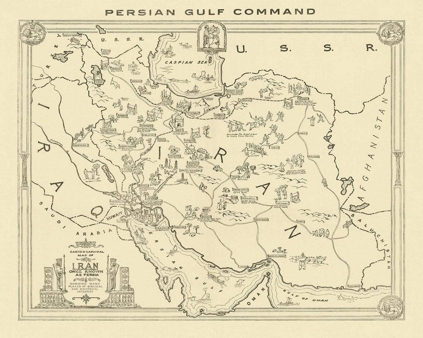 Ancienne carte illustrée de l'Iran par le commandement du golfe Persique, 1943 : Téhéran, mer Caspienne, golfe Persique, tissage de tapis, jardin d'Eden