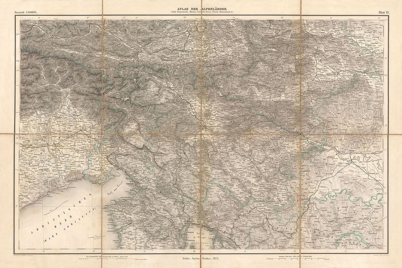 Alte Karte der Ost- und Julischen Alpen von Mayr, 1874: Triest, Adria, Alpengebirge, Eisenbahnen, Schraffuren