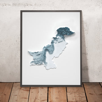 A framed image of a 3D style topographic relief map ofPakistan