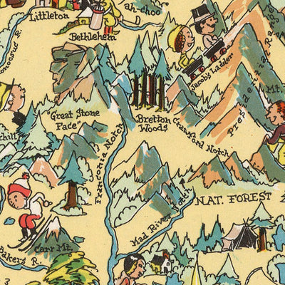 Pictorial Map of New Hampshire by Ruth Taylor White, 1935: Manchester, Nashua, Concord, Lakes, Mountains