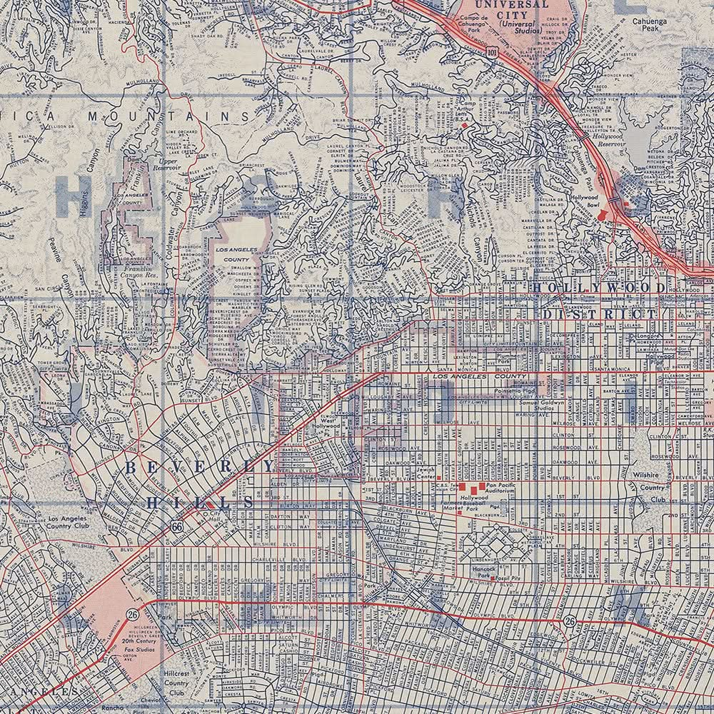 Large Old Street Map of Los Angeles, 1955: Griffith Park, Elysian Park, LA River, Downtown, Hollywood