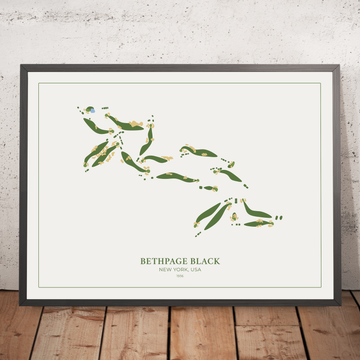 A framed image of Bethpage Black in the style of a simple and modern golf course map