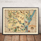 Pictorial Map of Arkansas by Ruth Taylor White, 1935: Little Rock, Hot Springs, Agriculture, Mississippi River, Timber