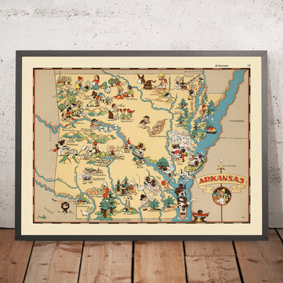 Pictorial Map of Arkansas by Ruth Taylor White, 1935: Little Rock, Hot Springs, Agriculture, Mississippi River, Timber