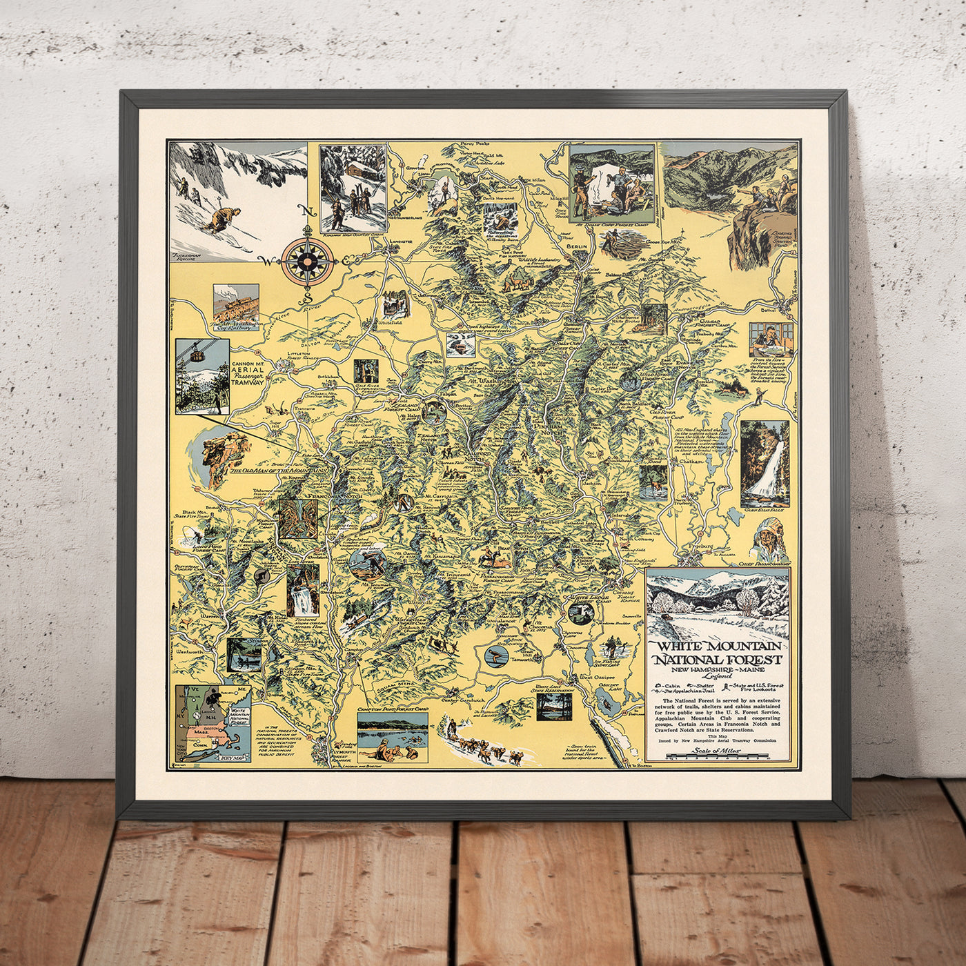 Old Pictorial Map of White Mountain National Forest, 1930: Cannon Mt., Appalachian Trail, Franconia Notch, Mt. Washington, Conway