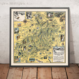 Ancienne carte picturale de la forêt nationale des White Mountains, 1930 : Mont Cannon, sentier des Appalaches, Franconia Notch, Mont Washington, Conway 