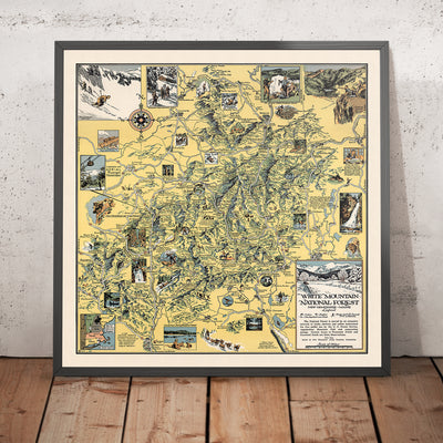 Old Pictorial Map of White Mountain National Forest, 1930: Cannon Mt., Appalachian Trail, Franconia Notch, Mt. Washington, Conway