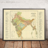Gran mapa ferroviario antiguo de la India de Judd, 1890: Mumbai, Delhi, Kolkata, río Ganges, Himalayas 